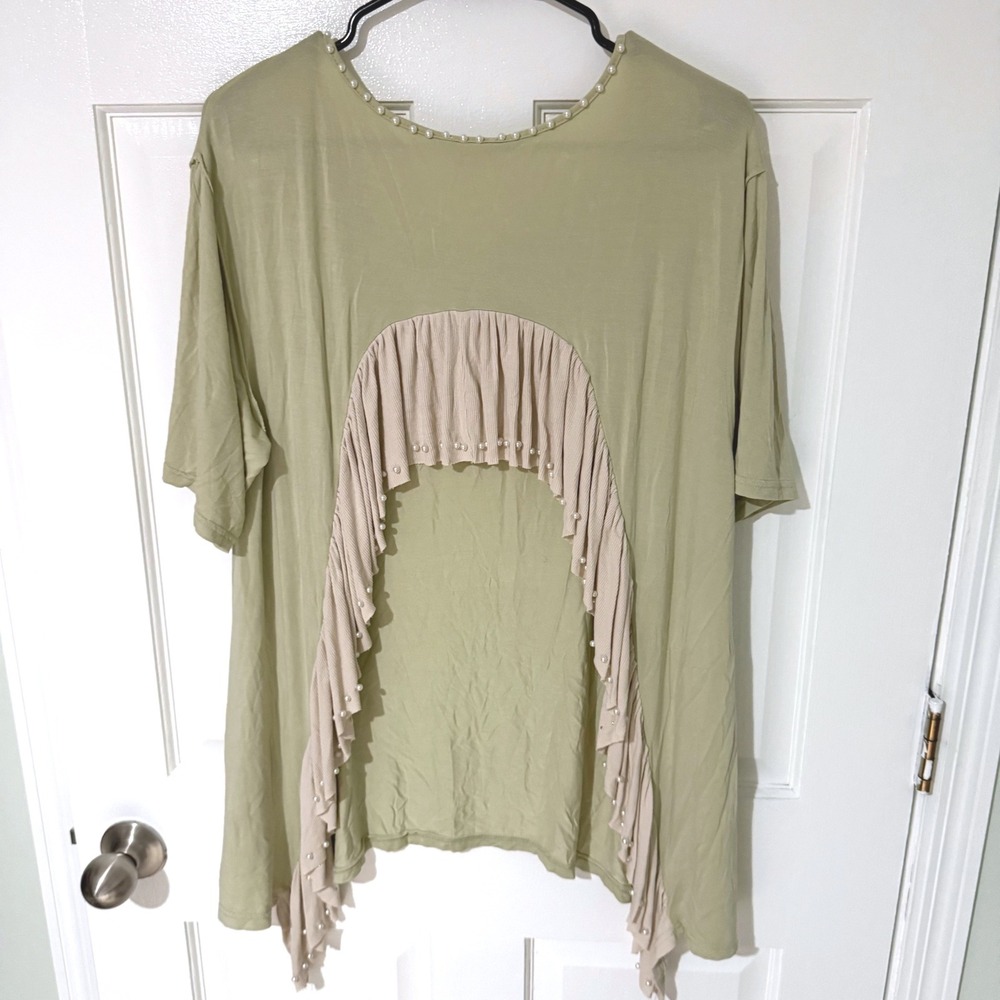 POL Sage Green Pearl Embellished Open Back Ruffle Tunic Top UKT94 Small